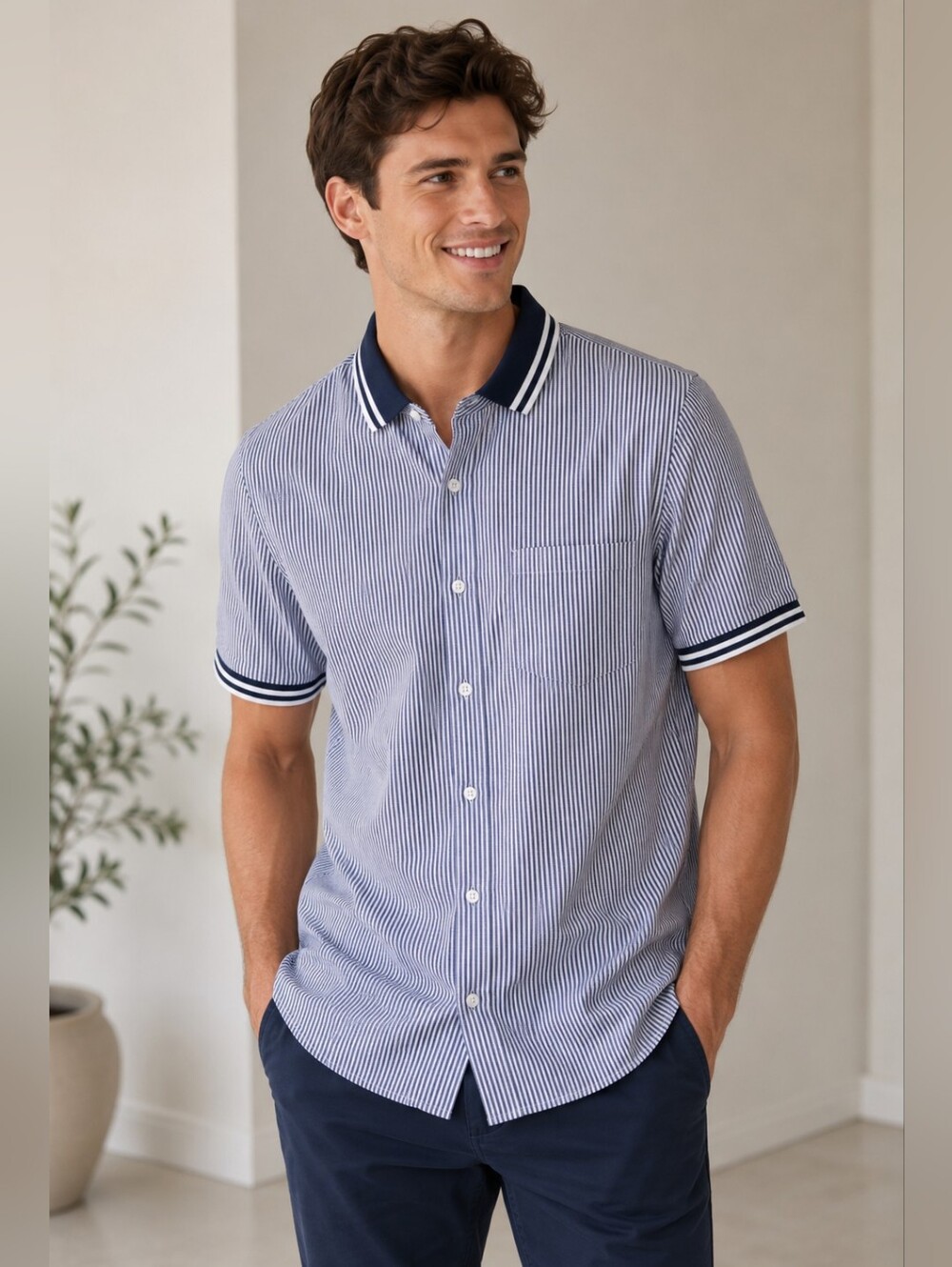 Brooks Brothers Navy & White Striped Short-Sleeve Polo-Style Button Shirt